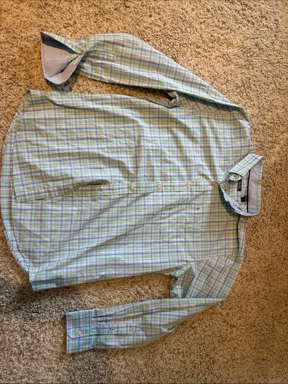 Izod Men's Green and Blue Plaid Dress Shirt